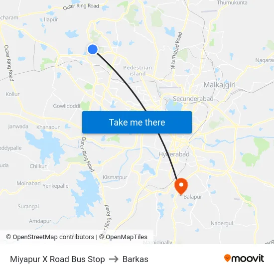 Miyapur X Road Bus Stop to Barkas map