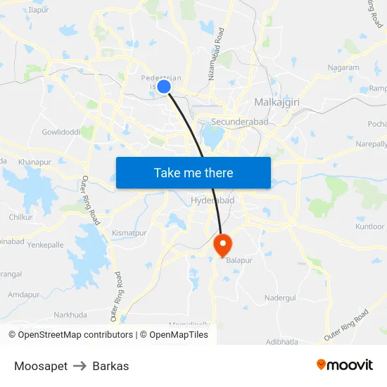 Moosapet to Barkas map