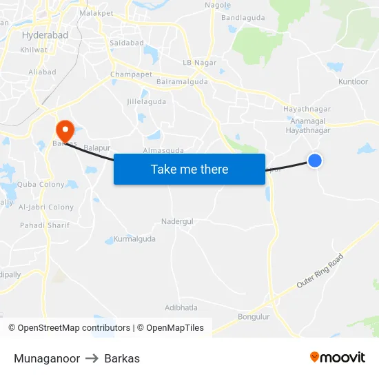 Munaganoor to Barkas map