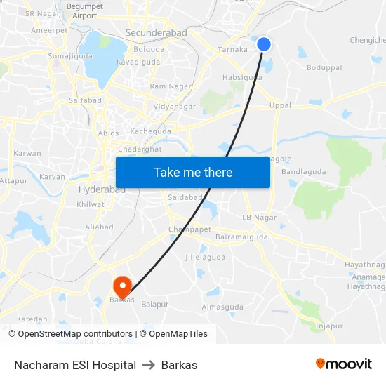 Nacharam ESI Hospital to Barkas map