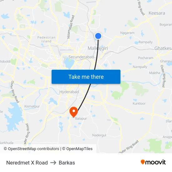 Neredmet X Road to Barkas map