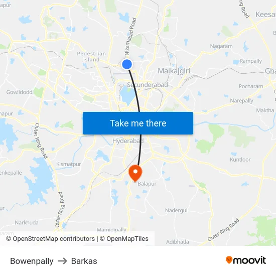 Bowenpally to Barkas map