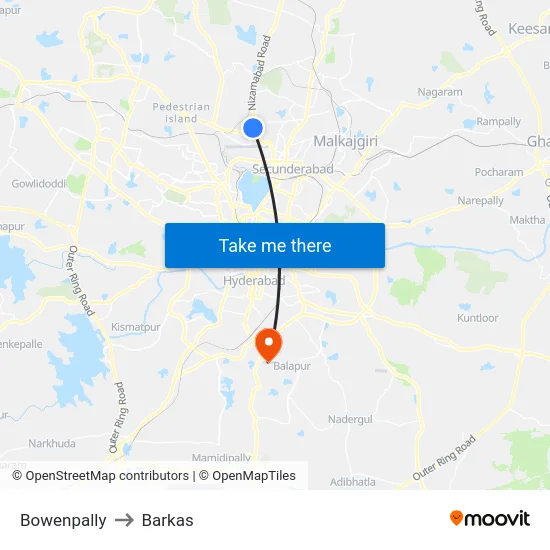 Bowenpally to Barkas map