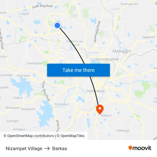 Nizampet Village to Barkas map