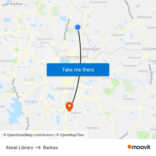 Alwal Library to Barkas map