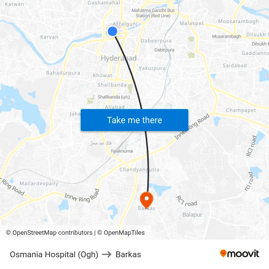 Osmania Hospital (Ogh) to Barkas map