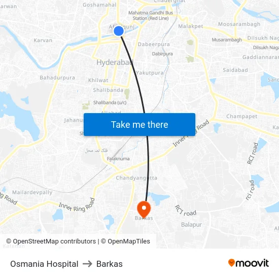 Osmania Hospital to Barkas map