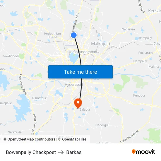 Bowenpally Checkpost to Barkas map