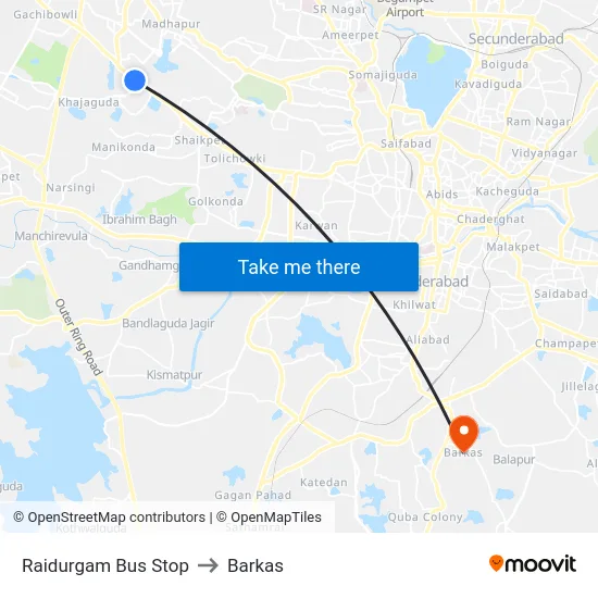 Raidurgam Bus Stop to Barkas map