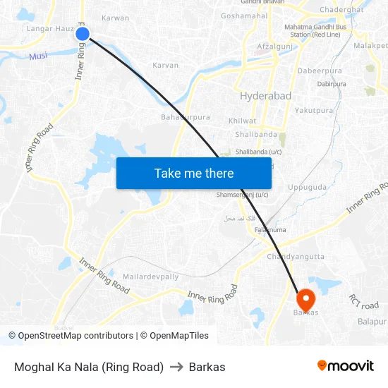Moghal Ka Nala (Ring Road) to Barkas map