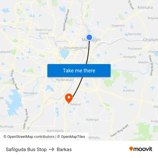 Safilguda Bus Stop to Barkas map