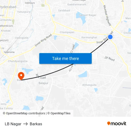 LB Nagar to Barkas map