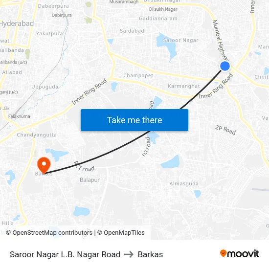 Saroor Nagar L.B. Nagar Road to Barkas map