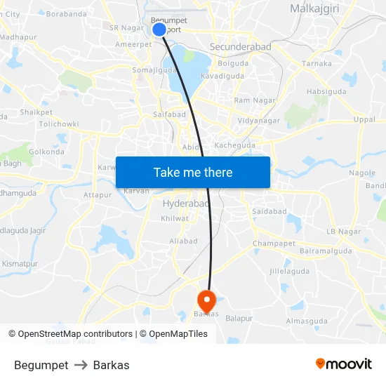 Begumpet to Barkas map