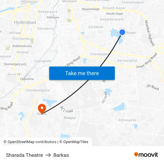 Sharada Theatre to Barkas map