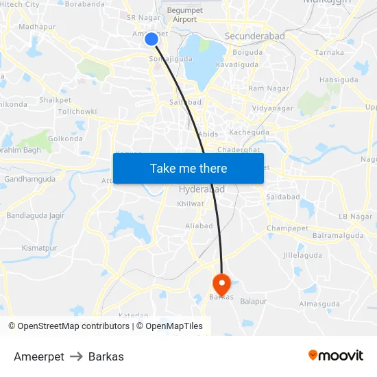 Ameerpet to Barkas map