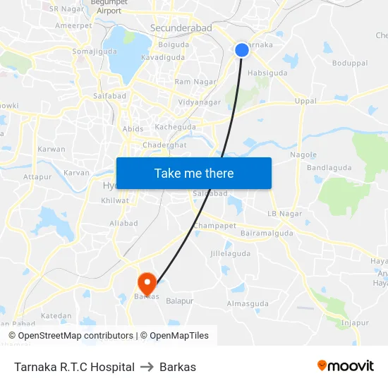 Tarnaka R.T.C Hospital to Barkas map