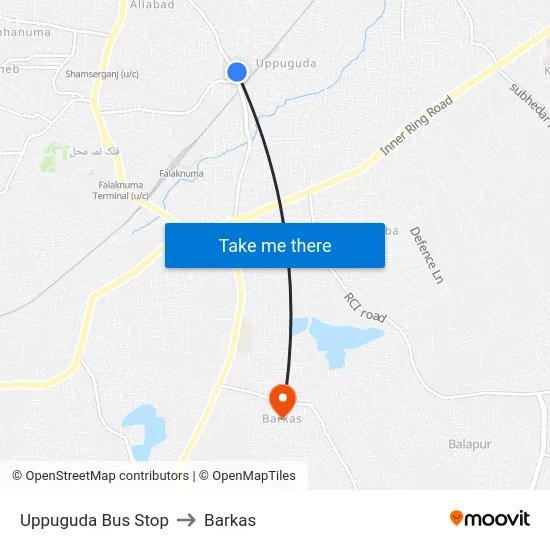Uppuguda Bus Stop to Barkas map