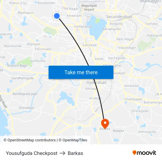 Yousufguda Checkpost to Barkas map