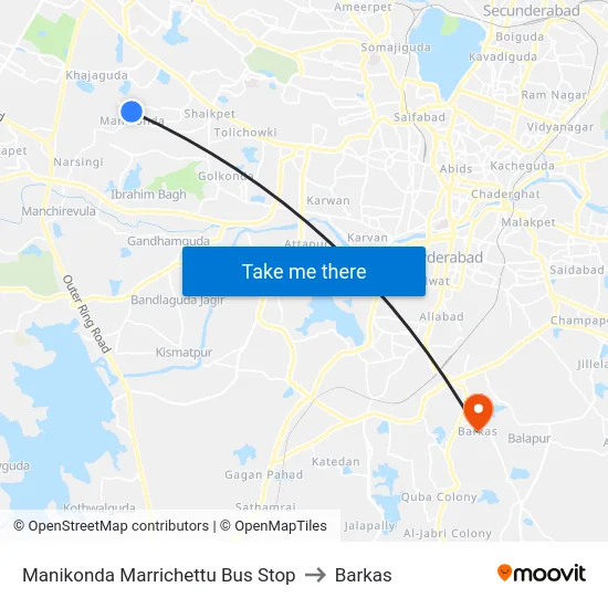 Manikonda Marrichettu Bus Stop to Barkas map
