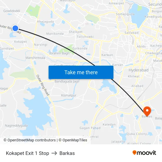 Kokapet Exit 1 Stop to Barkas map