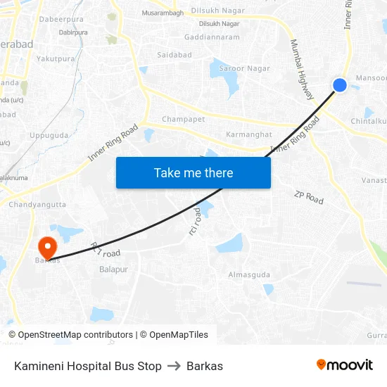 Kamineni Hospital Bus Stop to Barkas map