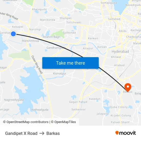 Gandipet X Road to Barkas map