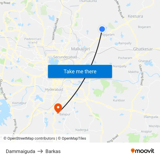 Dammaiguda to Barkas map