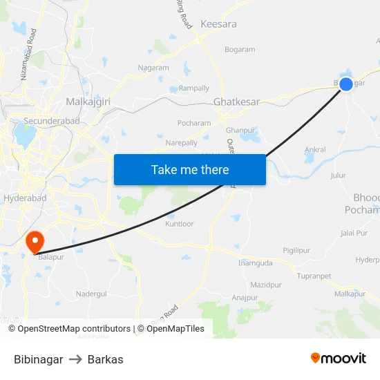 Bibinagar to Barkas map