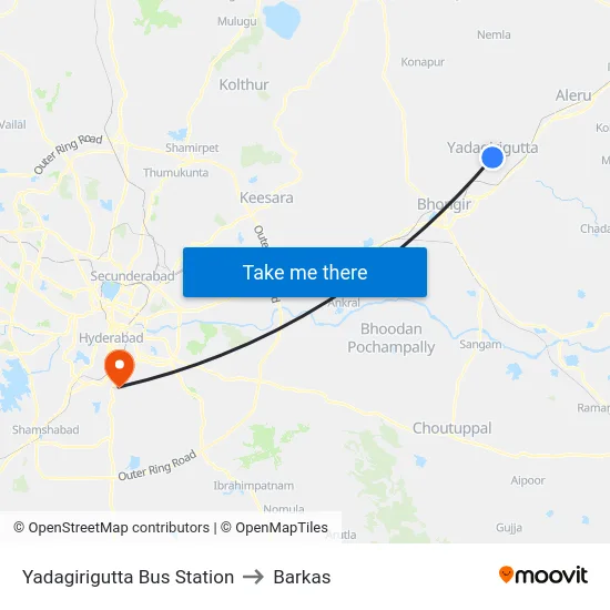 Yadagirigutta Bus Station to Barkas map