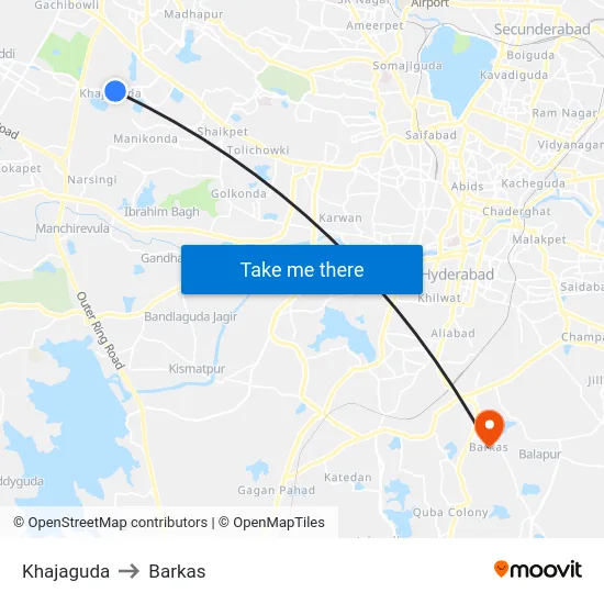 Khajaguda to Barkas map