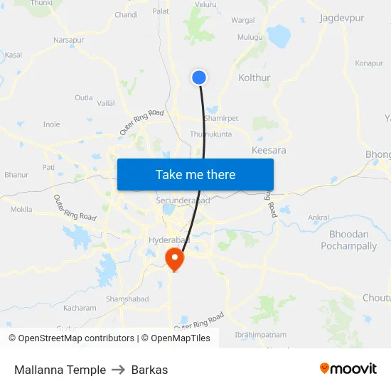Mallanna Temple to Barkas map