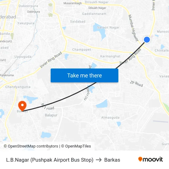 L.B.Nagar (Pushpak Airport Bus Stop) to Barkas map