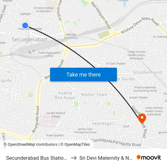Secunderabad Bus Station to Sri Devi Maternity & Nursing Home map