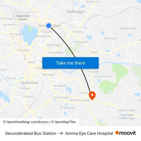 Secunderabad Bus Station to Amma Eye Care Hospital map