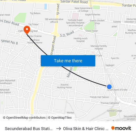 Secunderabad Bus Station (Gurudwara) to Oliva Skin & Hair Clinic Secunderabad map