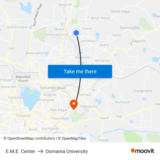E.M.E. Center to Osmania University map