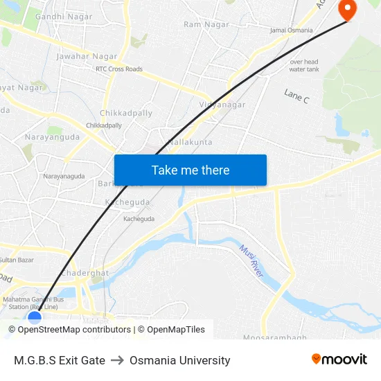 M.G.B.S Exit Gate to Osmania University map