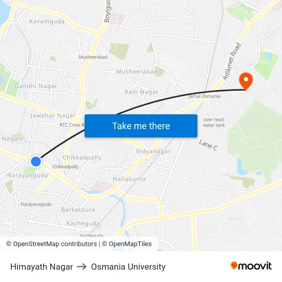 Himayath Nagar to Osmania University map