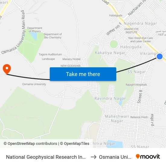 National Geophysical Research Institute (Ngri) to Osmania University map