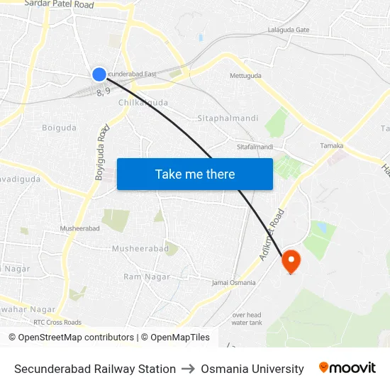 Secunderabad Railway Station to Osmania University map