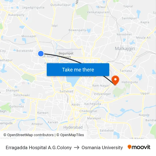 Erragadda Hospital A.G.Colony to Osmania University map