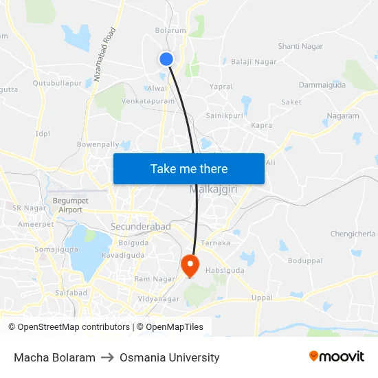 Macha Bolaram to Osmania University map