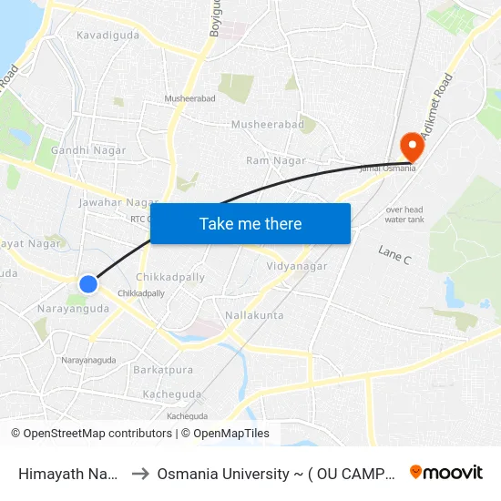 Himayath Nagar to Osmania University ~ ( OU CAMPUS ) map