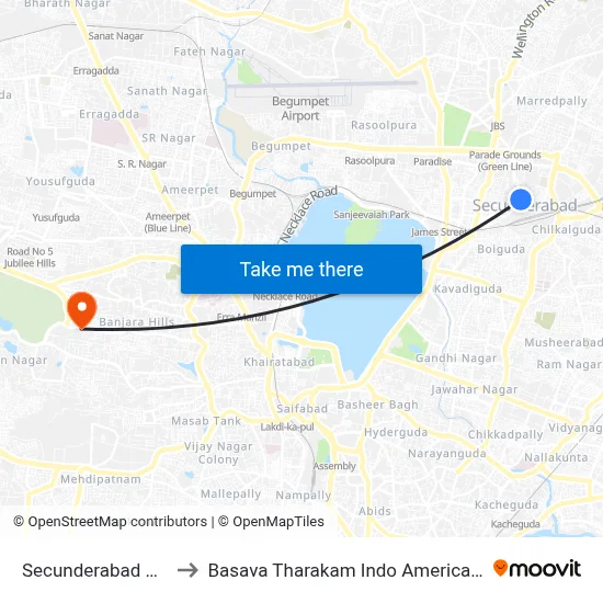 Secunderabad Bus Station to Basava Tharakam Indo American Cancer Hospital map