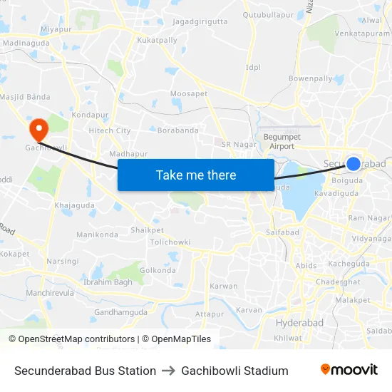 Secunderabad Bus Station to Gachibowli Stadium map