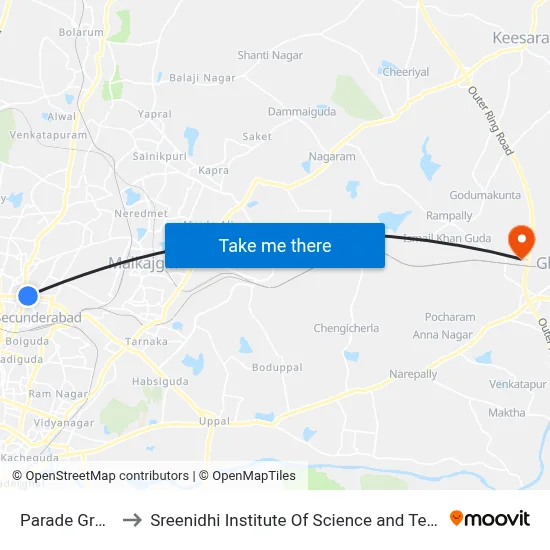 Parade Ground to Sreenidhi Institute Of Science and Technology map