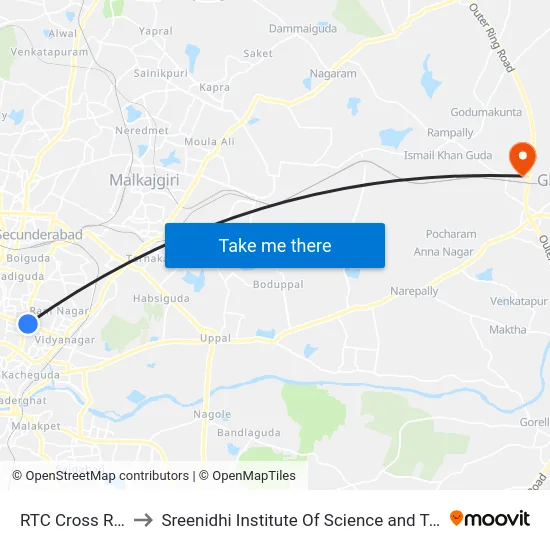 RTC Cross Roads to Sreenidhi Institute Of Science and Technology map