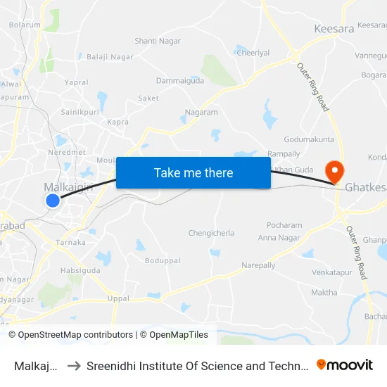 Malkajgiri to Sreenidhi Institute Of Science and Technology map