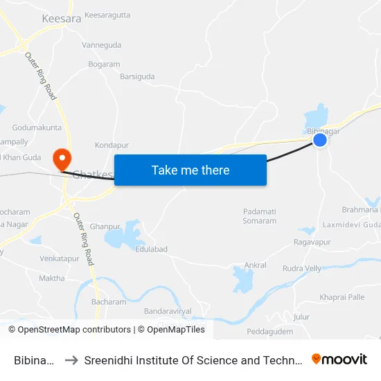 Bibinagar to Sreenidhi Institute Of Science and Technology map